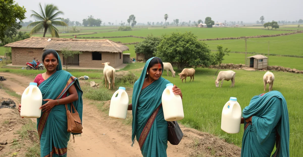 Indian dairy cooperative village collection centre with women farmers delivering milk, cooperative society building, and rural India landscape