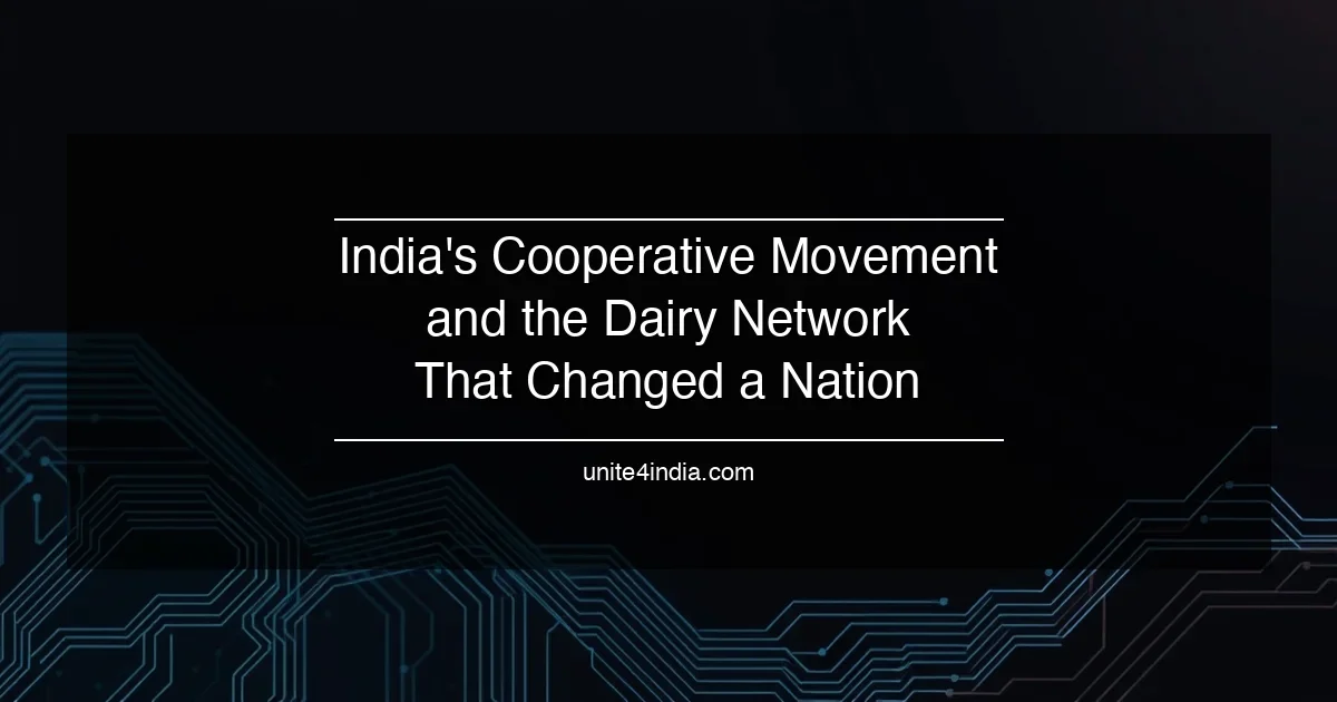 Dark title graphic with circuit-line pattern reading India's Cooperative Movement and the Dairy Network That Changed a Nation
