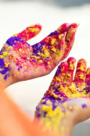 Two open hands covered in pink, yellow and purple Holi powder