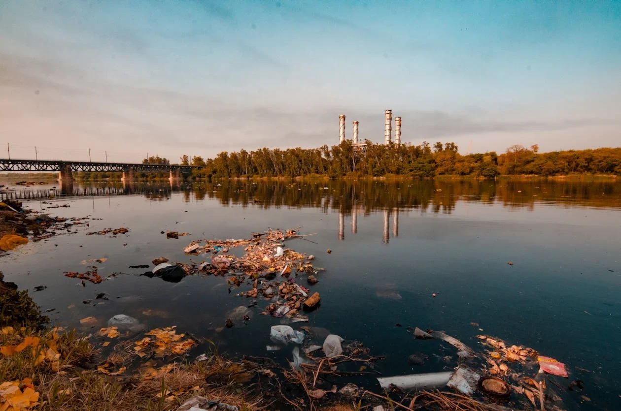 Polluted river with floating plastic and debris in the foreground and chimney stacks beyond the trees