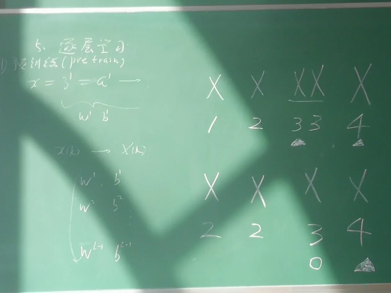 Green chalkboard with chalk numbers and handwritten equations in a sunlit classroom