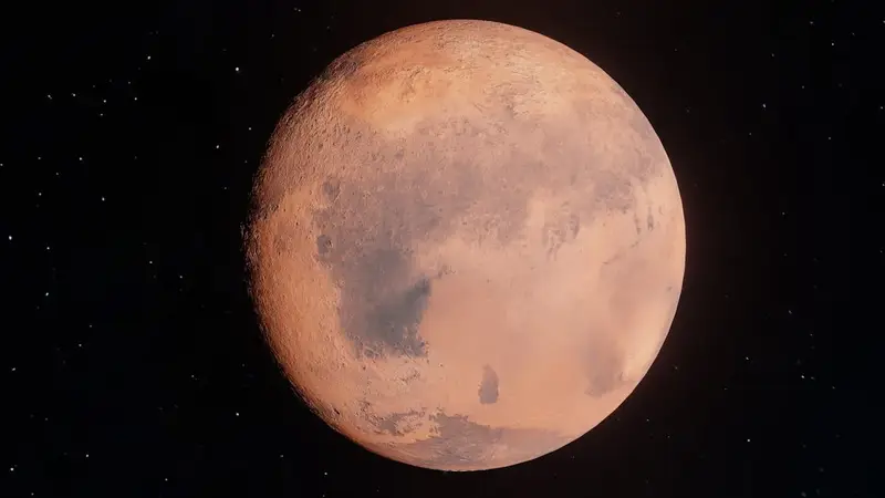 Mars shown as an orange and grey planet against a black starry background