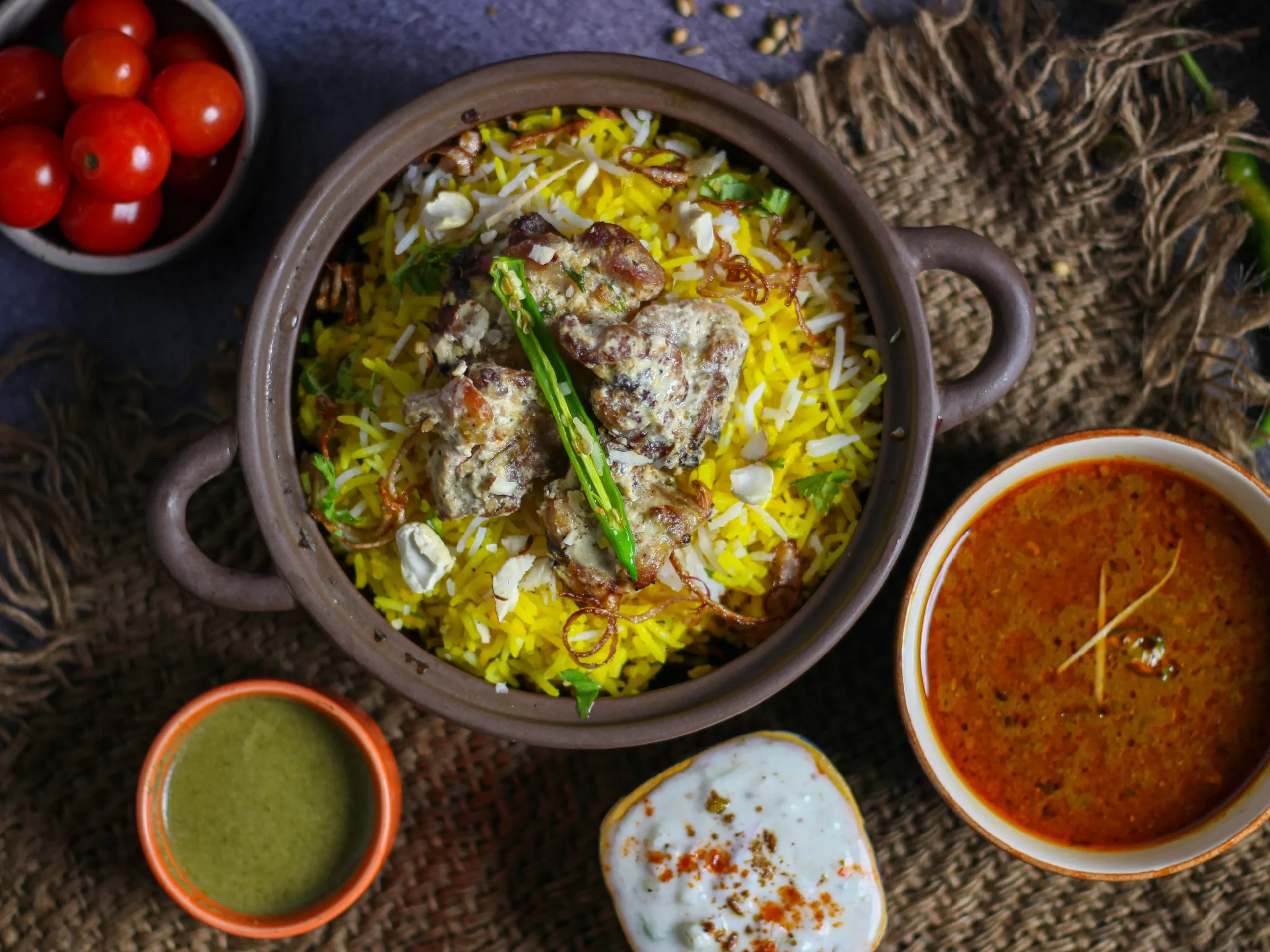 Biryani in a clay pot with chicken pieces and saffron rice, beside raita, green chutney, gravy and tomatoes
