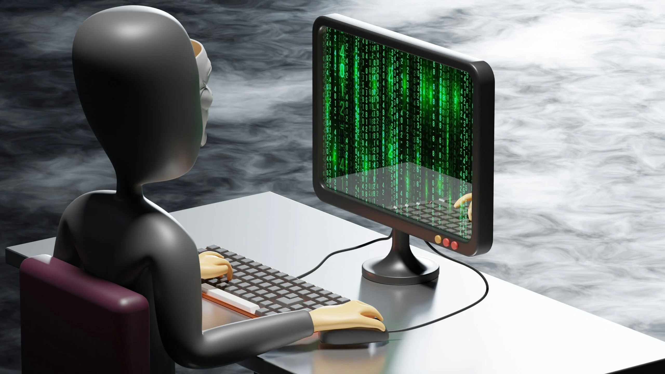 3D illustration of a faceless figure at a computer with green code falling down the screen