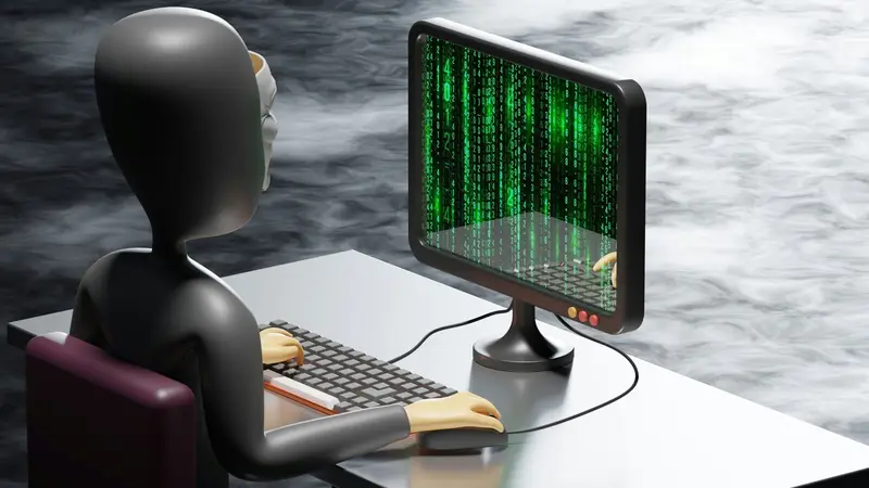 3D illustration of a faceless figure at a computer with green code falling down the screen