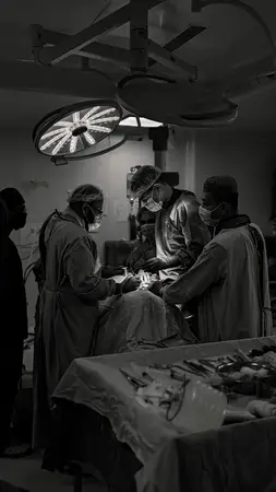Black and white photo of surgeons operating under a bright surgical lamp in an operating theatre