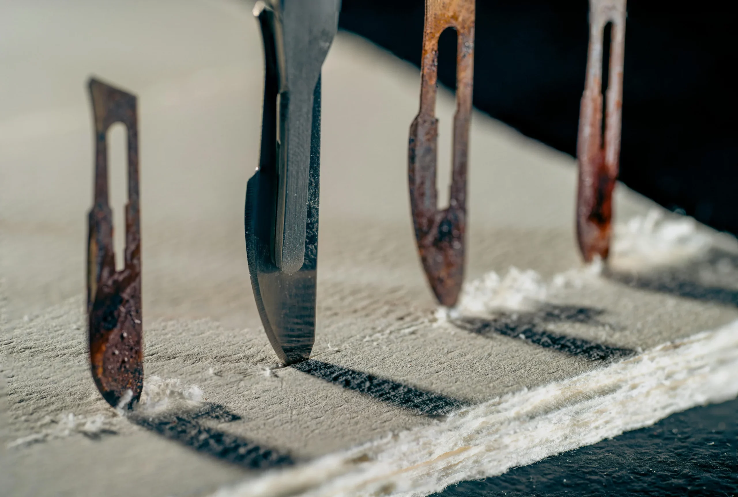 Row of old rusty scalpel blades standing upright on a pale surface