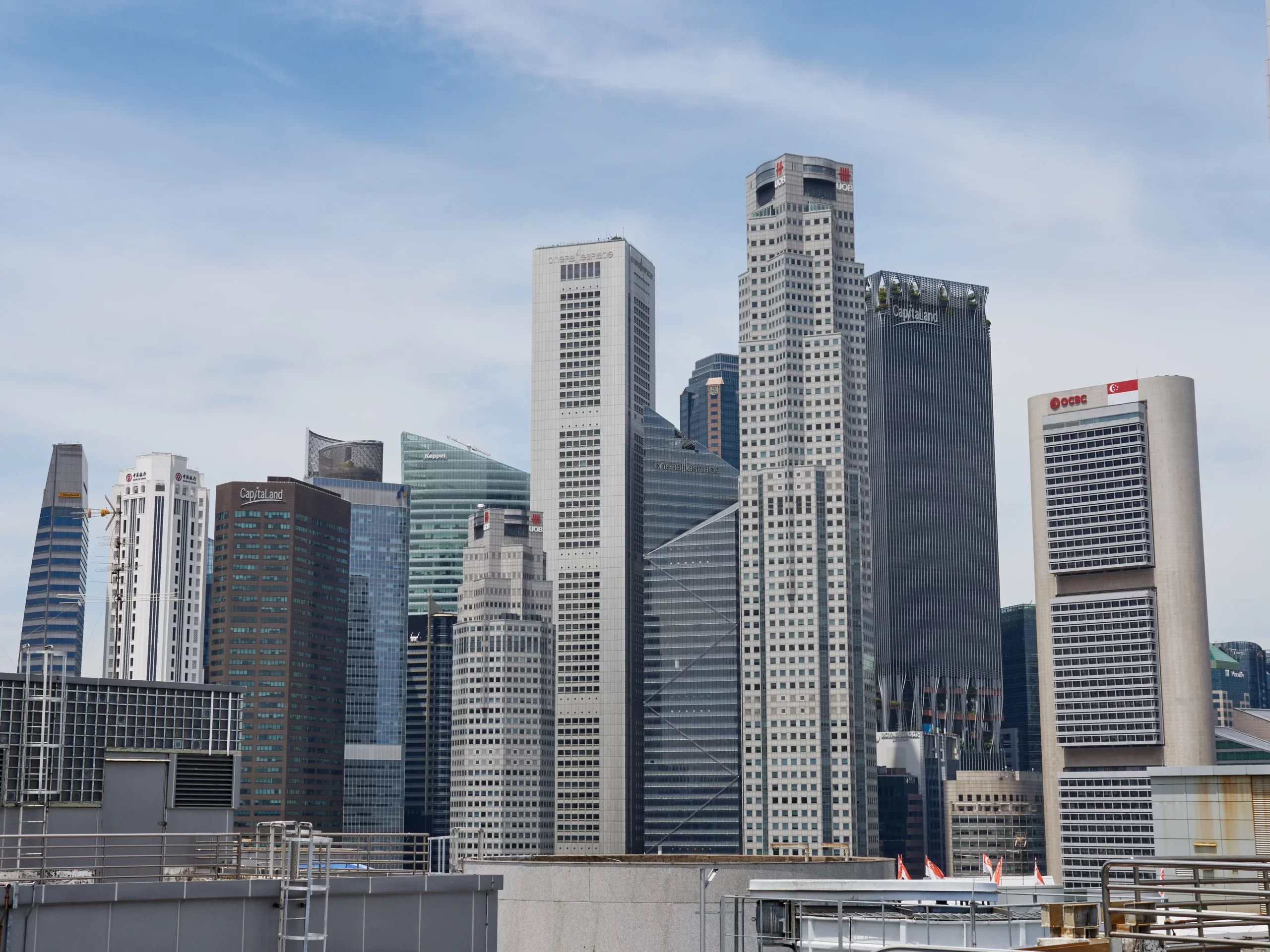 City skyline of high-rise office towers against a blue sky with thin clouds