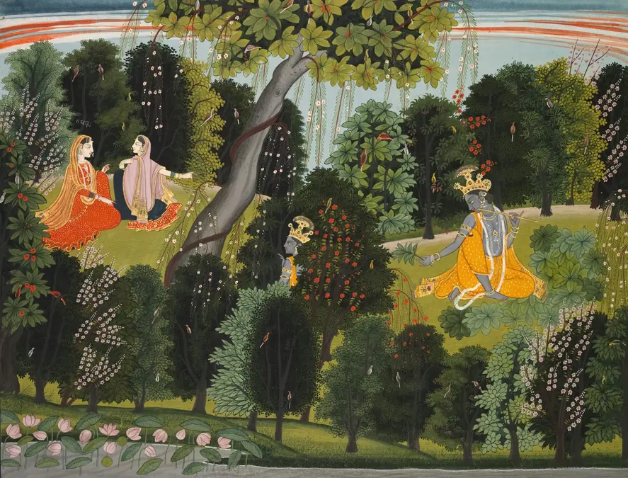 Miniature painting of Krishna playing a flute in a flowering grove while two women sit and talk under a tree nearby