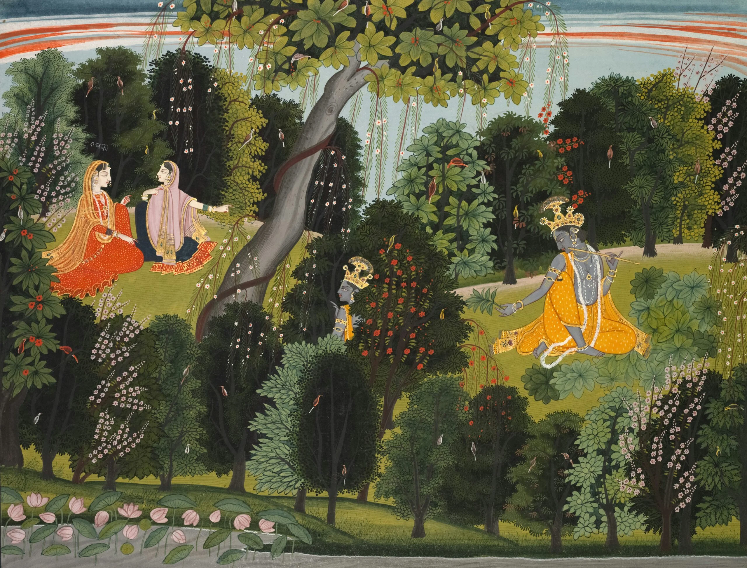 Miniature painting of Krishna playing a flute in a flowering grove while two women sit and talk under a tree nearby