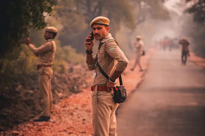 Uniformed police officers on a dusty road, one in the foreground speaking on a mobile phone