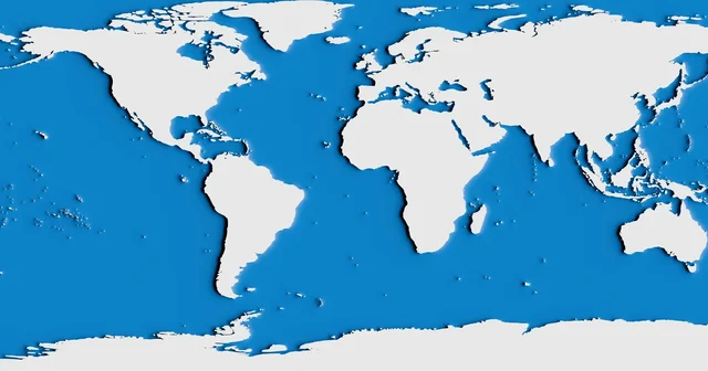 Illustration of a flat world map with white continents on a blue background