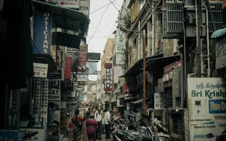 Busy shop-lined street in Chennai, Tamil Nadu