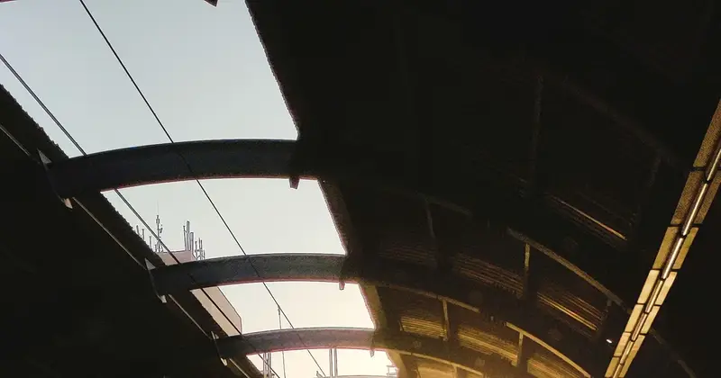 A metro train approaching a sunlit platform at a station in New Delhi